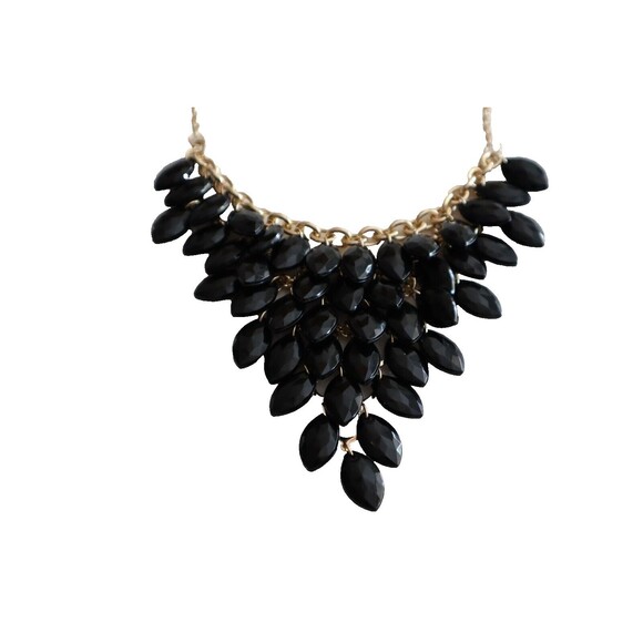 Black Teardrop Plastic Bead Necklace 18"+ Gold Tone Bib Cowl Fashion Jewelry - Picture 2 of 13